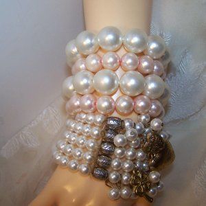 Bracelet Lot-5 Faux Pearl White Pink Stretch